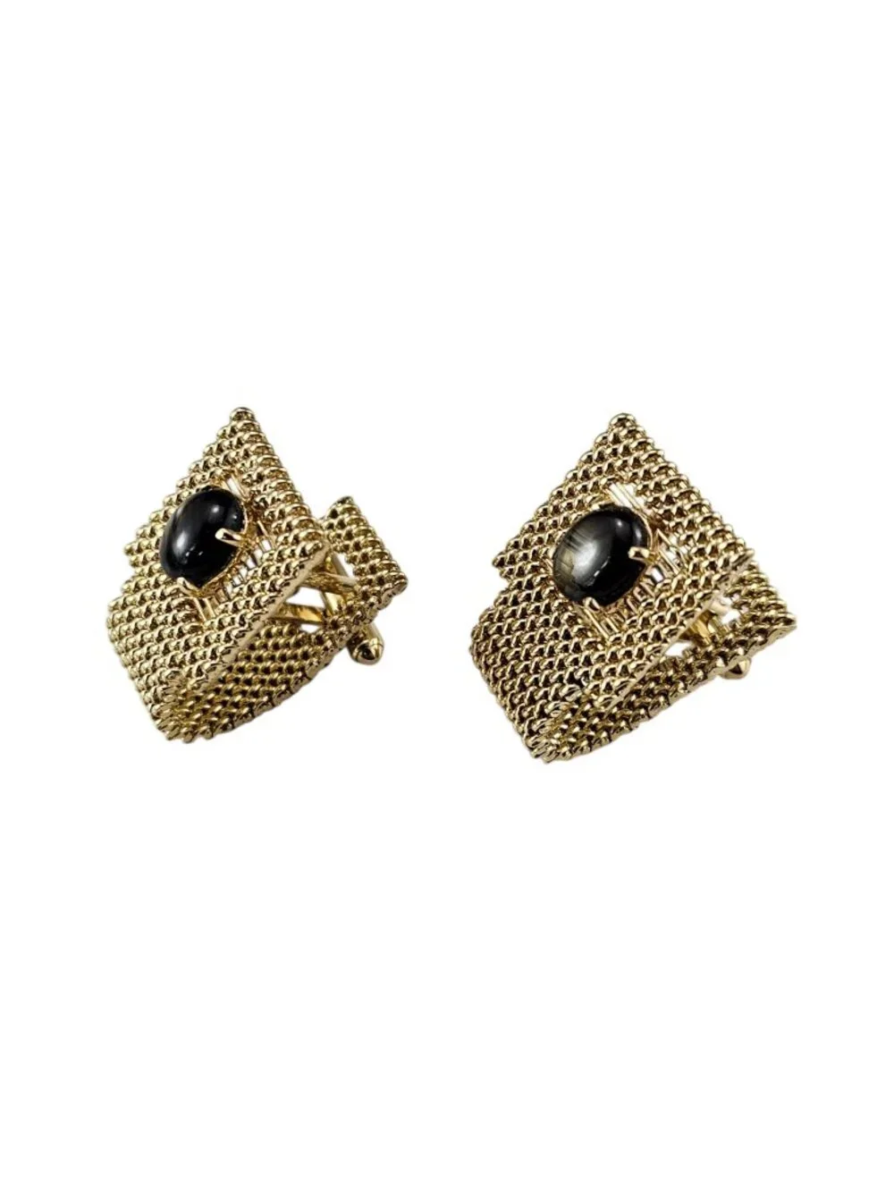 14K Yellow Gold Basketweave and Black Cabochon Stone Cufflinks #25199